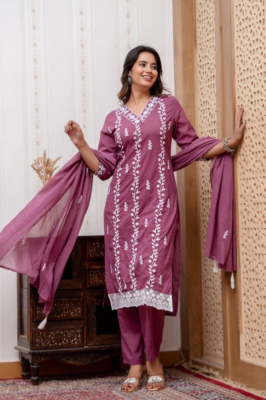 Embroidered Cotton Dupatta Set